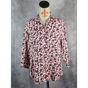 Kim Rogers Women’s XL 100% Linen Button-Up Top Shirt Pink Black Floral Artsy EUC